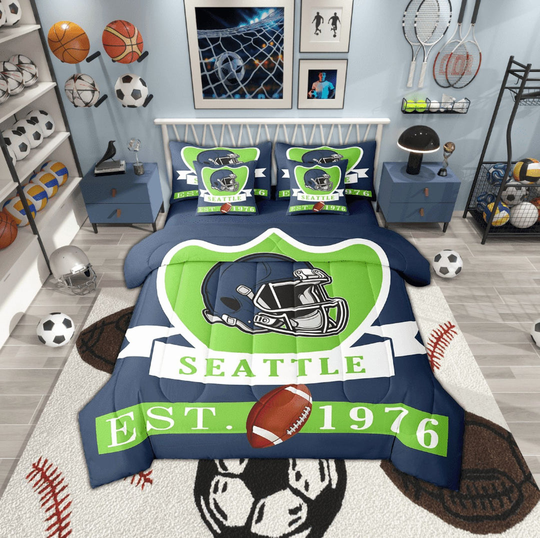 Erosebridal Seattle Soccer City Bed in a Bag, American Football Bed Set, Vintage Rugby Reversible Comforter Sets, Microfiber Room Decorative, 7pcs