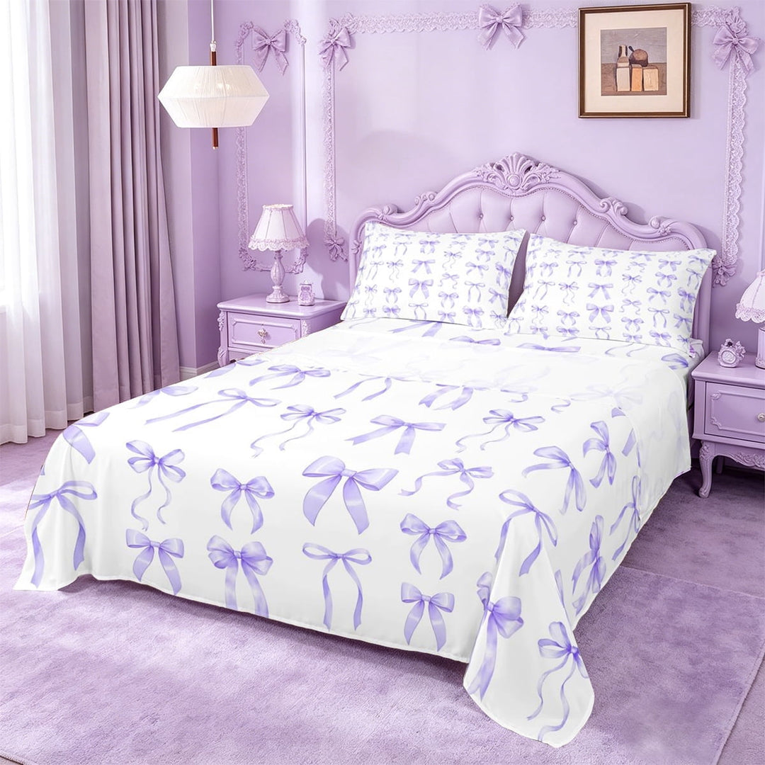 Manfei Purple Coquette Bowknot Full Size Sheets For Girls,Ribbon Bow Tie Theme Bed Sheets For Kids,4 Pieces