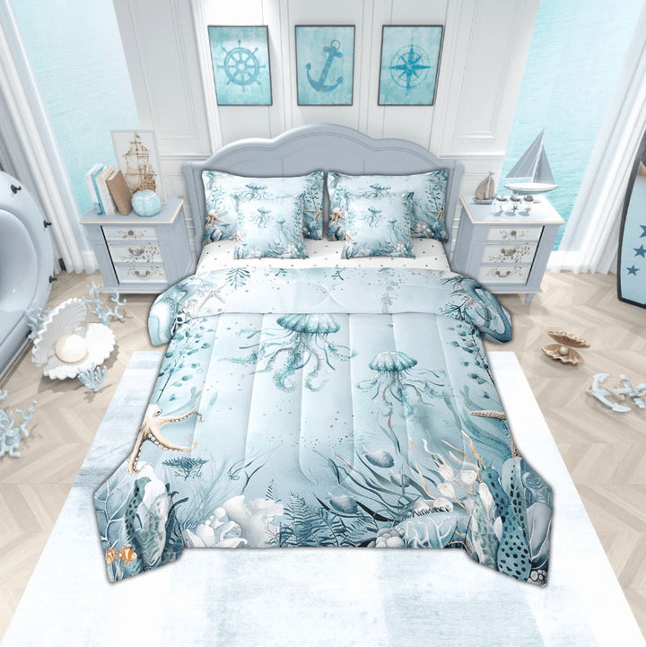 Jellyfish Comforter Set 7 Piece Bed in a Bag Twin,Teal Blue Ocean Beach Coastal Bedding Set Starfish Octopus Tentacles Sheet Sets with Comforter Creature Coral Bed Set,Kawaii Fish Room Decor