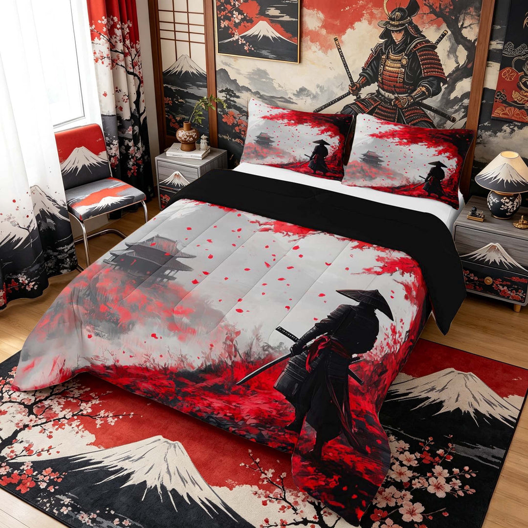 Manfei Ink Samurai Full Size Comforter Sets for Boys Men, Red Maple Fuji Bedding Sets, Black Red Gray, Black Reversible 3pcs, 1 Comforter and 2 Pillowcases
