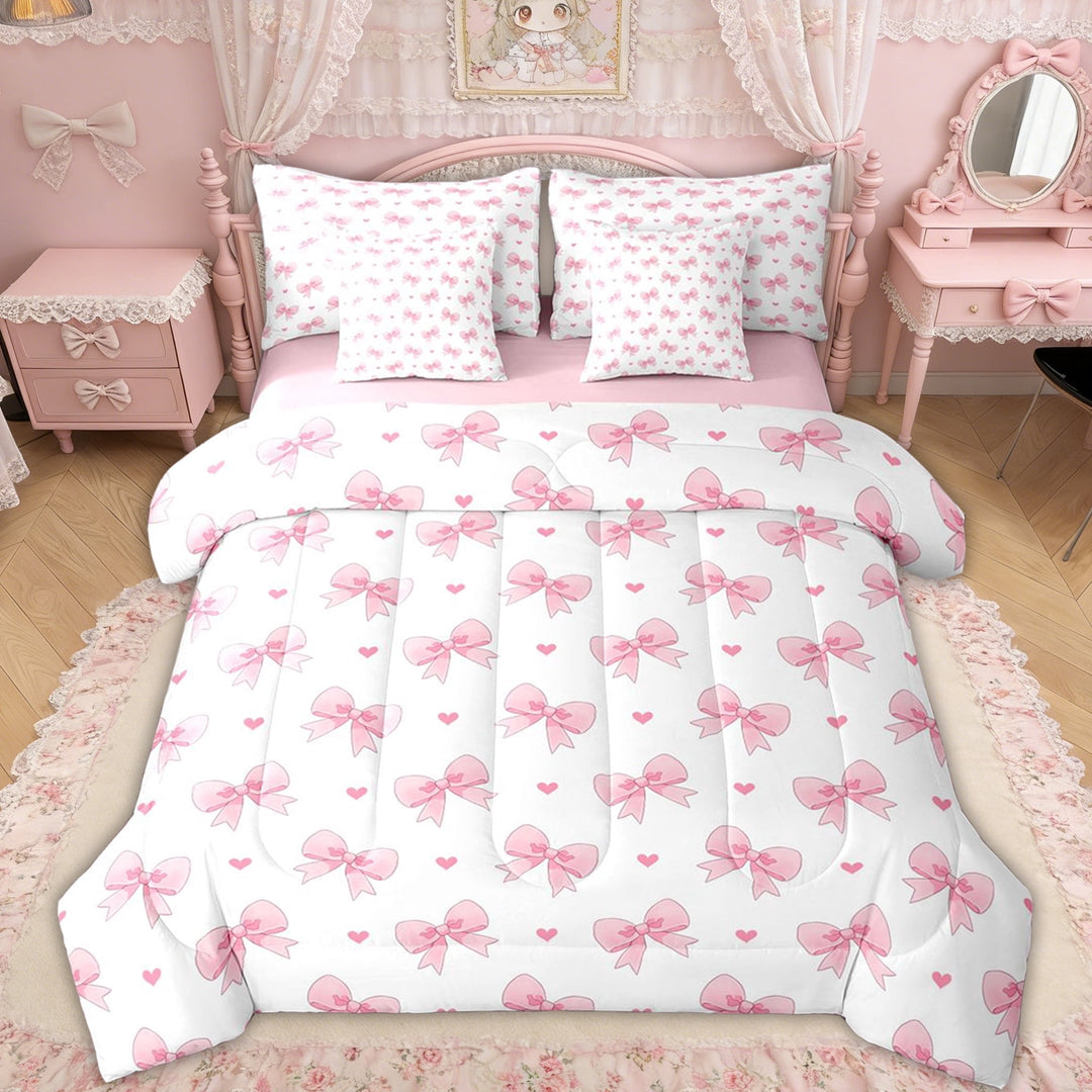 Erosebridal Pink Princess Bow Twin Bedding Sets for Girls, Cute Love Heart Bedding Comforter Set, Pink Reversible, 7-Piece