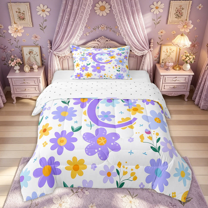Meiyoeat Summer Bloom Floral Letter C Full Size Comforter Sets for Women Girls, Cartoon Multi Color Daisy Bedding Sets, Reversible, 3pcs