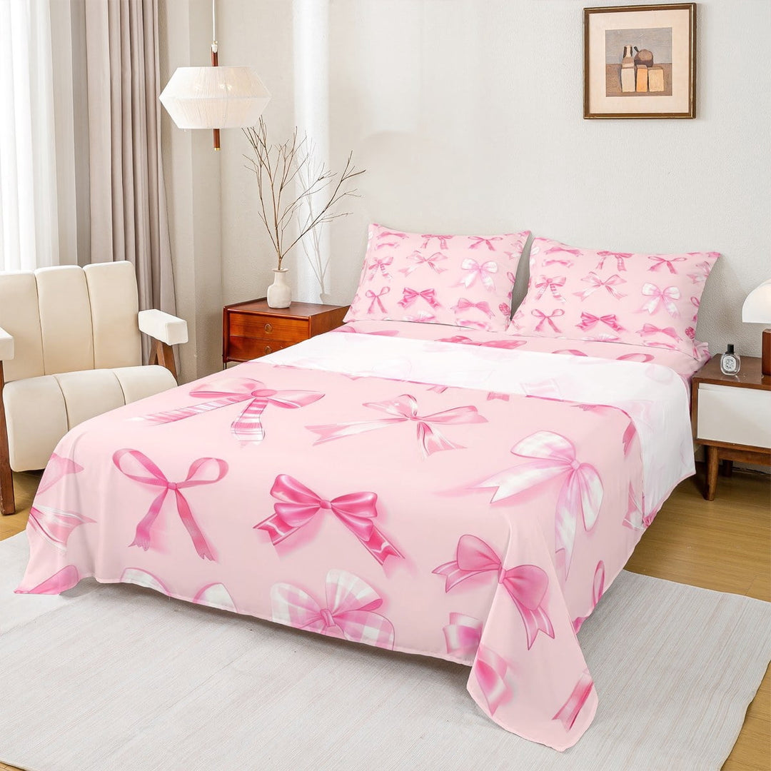Manfei Chic Pink Bow Full Sheet Sets, Kawaii Ribbon Sheet Set Full, Princess Bowknot Bed Sheets Set Full Size, Super Cozy Room Decor, 4-Piece