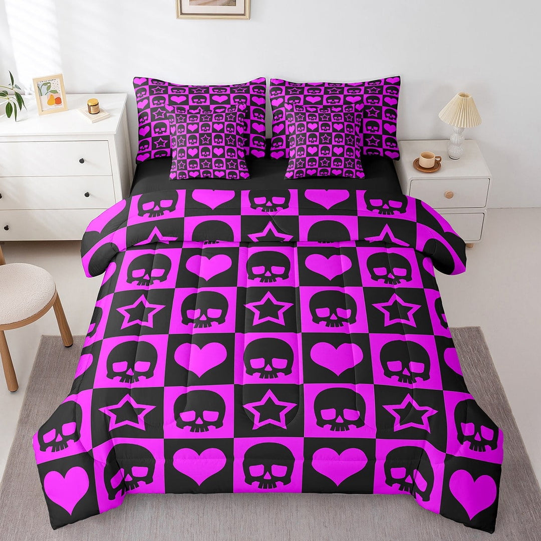 Erosebridal Love Heart Bedding Queen Size,Sugar Skull Bedding Sets Queen Size,Geometric Plaid Comforter Sets with Sheets,Lightweight Cartoon Bedroom Decoration,Reversible,7 Pieces