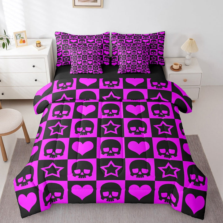 Erosebridal Love Heart Bedding Queen Size,Sugar Skull Bedding Sets Queen Size,Geometric Plaid Comforter Sets with Sheets,Lightweight Cartoon Bedroom Decoration,Reversible,7 Pieces