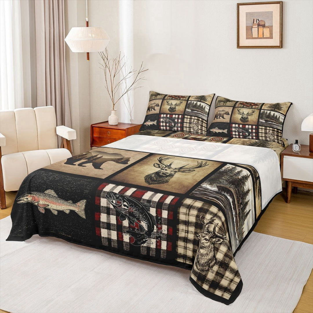 Erosebridal Hunting and Fishing Full Size Sheets, Deer Bear Fish Bed Sheets, 1 Flat Sheet, 1 Fitted Sheet and 2 Pillowcases