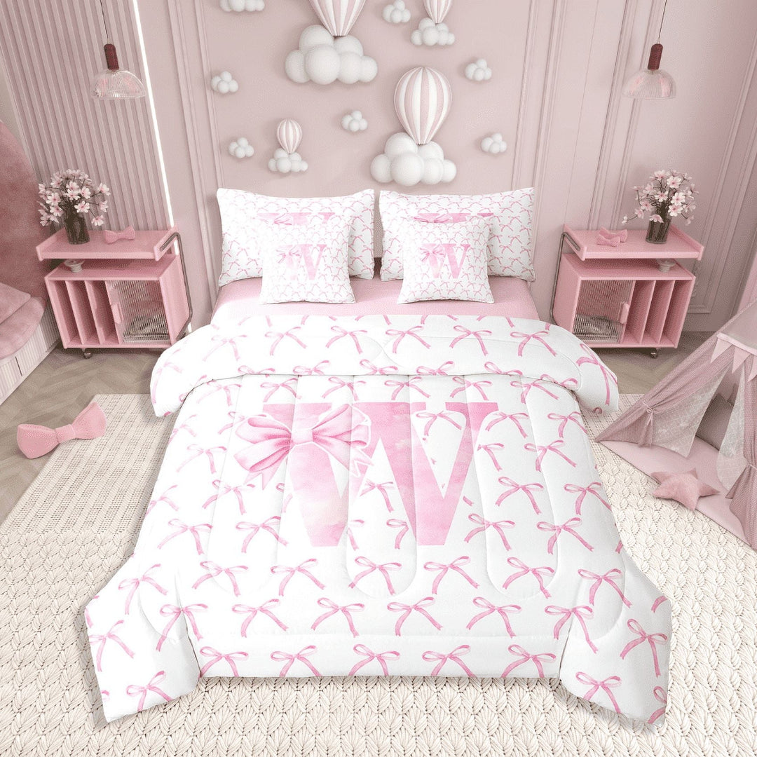 Erosebridal Letter Bow Bedding Sets Twin Size,Monogrammed Initial Comforter Sets with Sheets,Dreamy Room Decorative,Reversible,7pcs