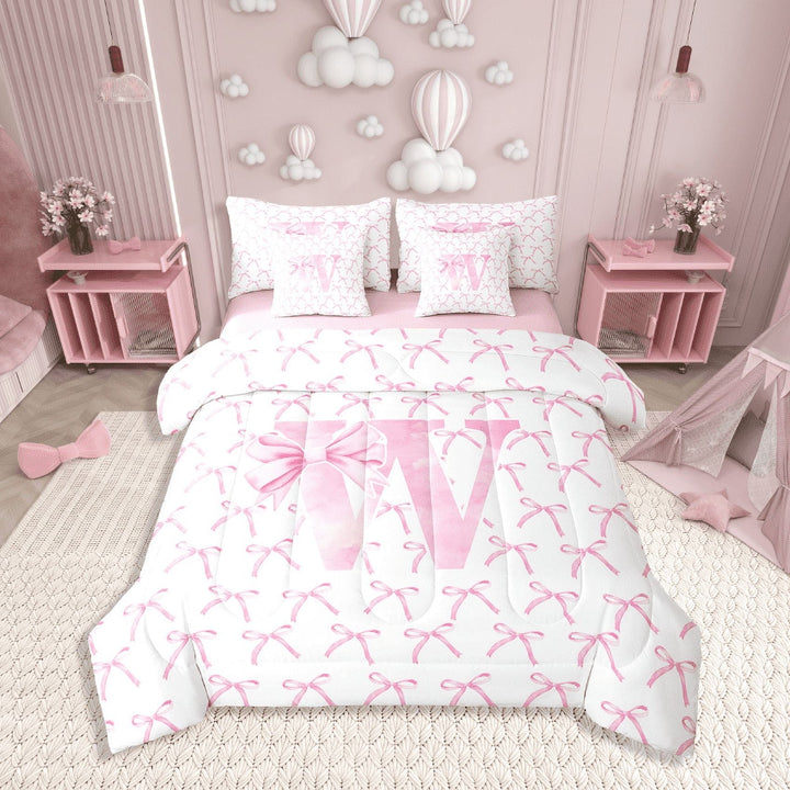 Erosebridal Letter Bow Bedding Sets Twin Size,Monogrammed Initial Comforter Sets with Sheets,Dreamy Room Decorative,Reversible,7pcs