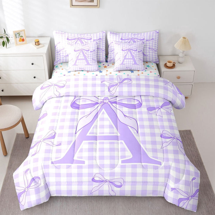 Erosebridal Cute Coquette Bow 7-Piece Twin Bedding Sets For Girls,Purple Alphabet A Theme Kids Bedding Comforter Set,Colorful Stars Reversible