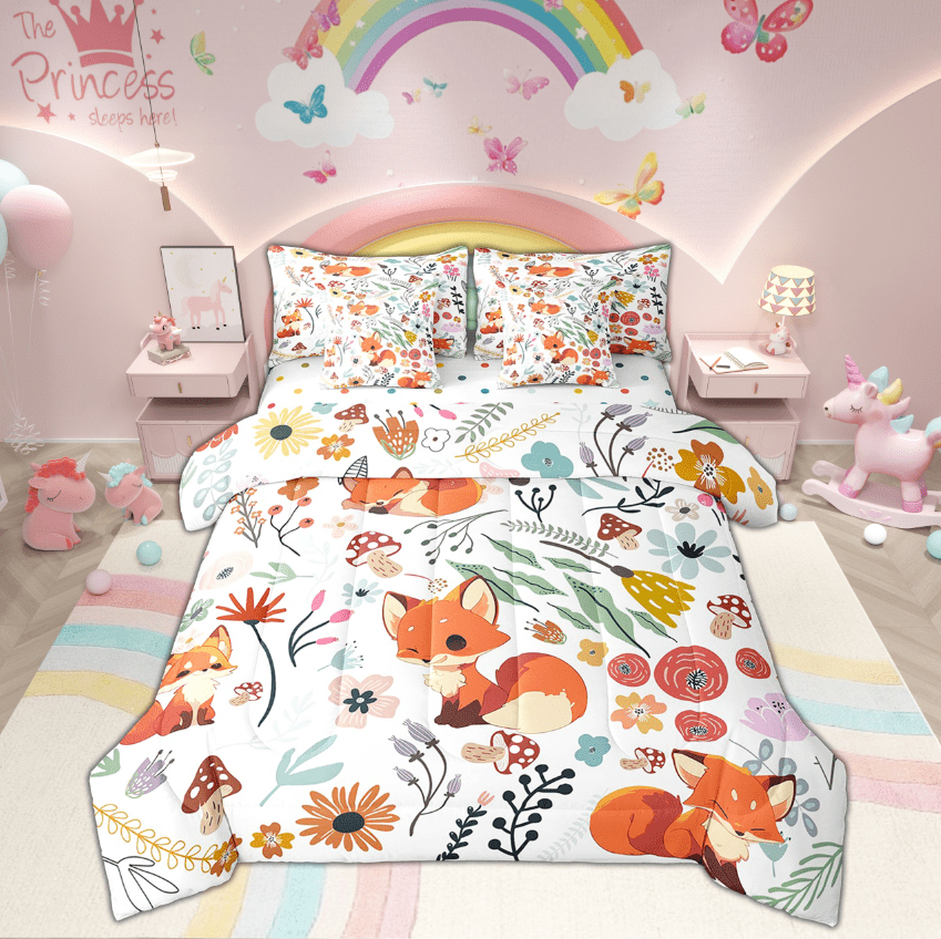 Cute Fox Comforter Set 7 Piece Bed in a Bag Twin,Mushroom Floral Cartoon Animal Bedding Sets Watercolor Flowers Leaves Sheet Set with Comforter
