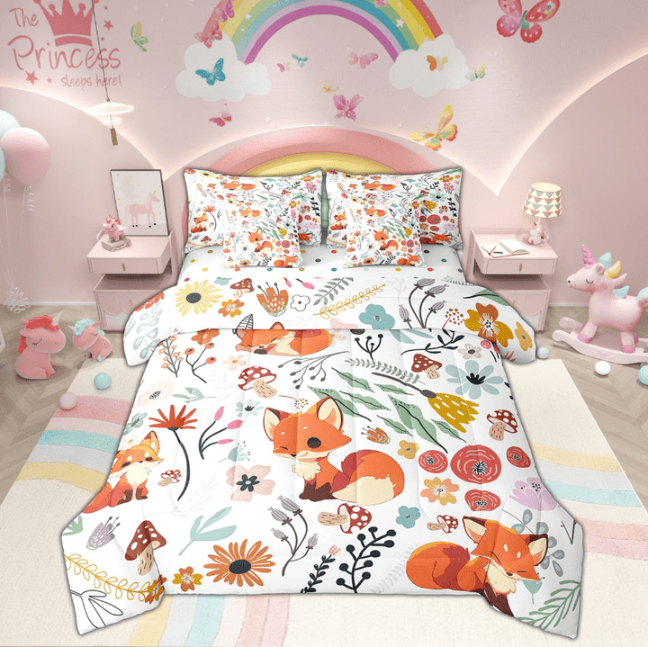 Cute Fox Comforter Set 7 Piece Bed in a Bag Twin,Mushroom Floral Cartoon Animal Bedding Sets Watercolor Flowers Leaves Sheet Set with Comforter