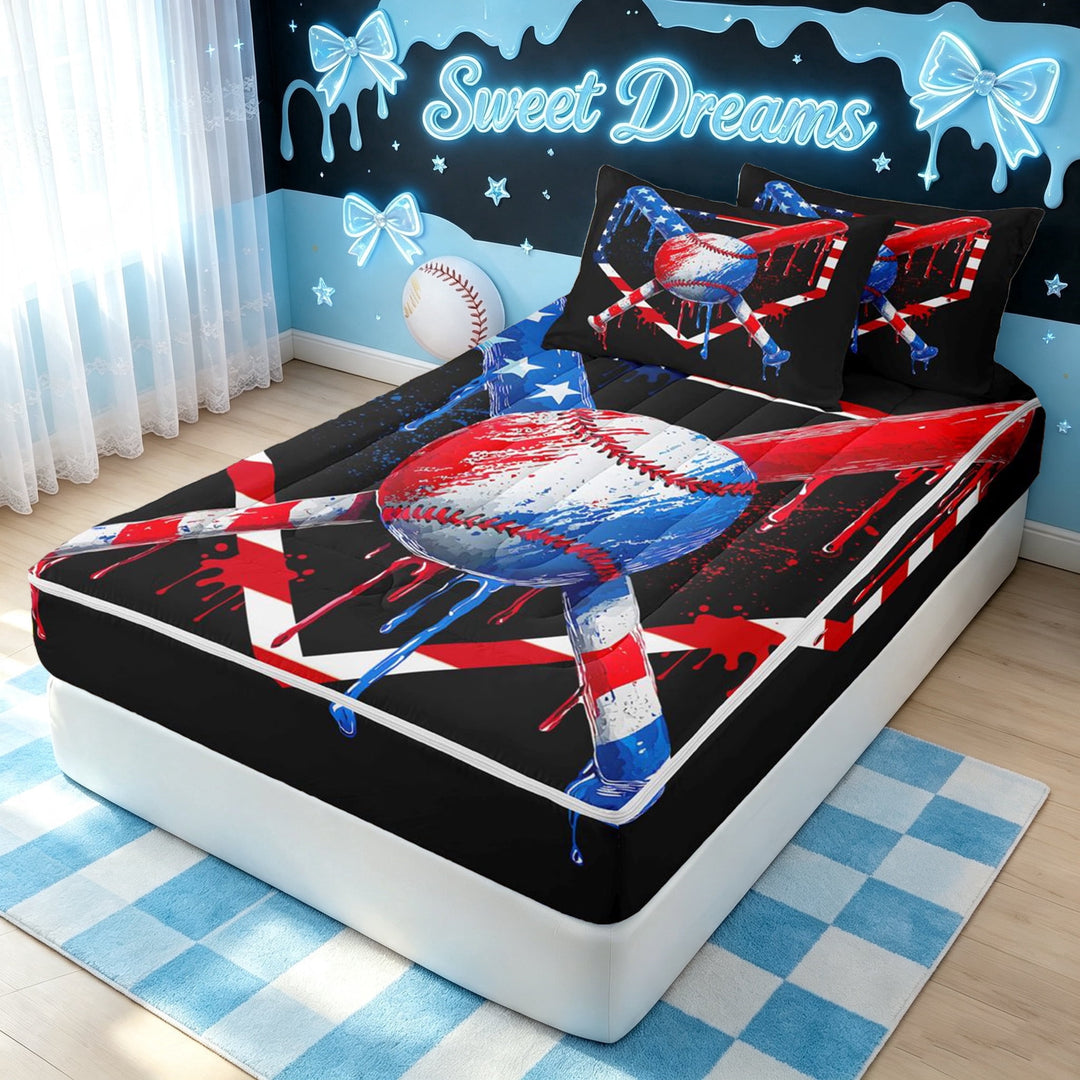 meiyoeat Patriotic Cross Baseball Zipper Full Size Comforter Sets with Fitted Sheet and 2 Pillowcases for Boys, Red Blue USA Flag Drip Zipper Bedding Set, Black Reversible, 4-Piece