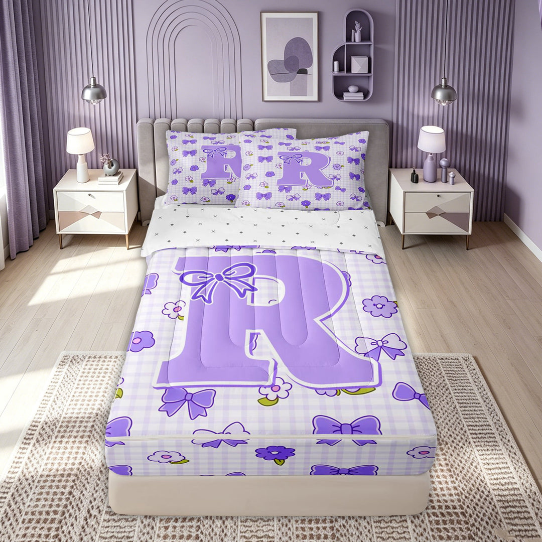 meiyoeat Cute Bow Letter R Zipper Comforter Set with Fitted Sheet and 2 Pillowcases, Floral Plaid Zipper Bedding Set for Kids Girls, Purple, Reversible, 3pcs