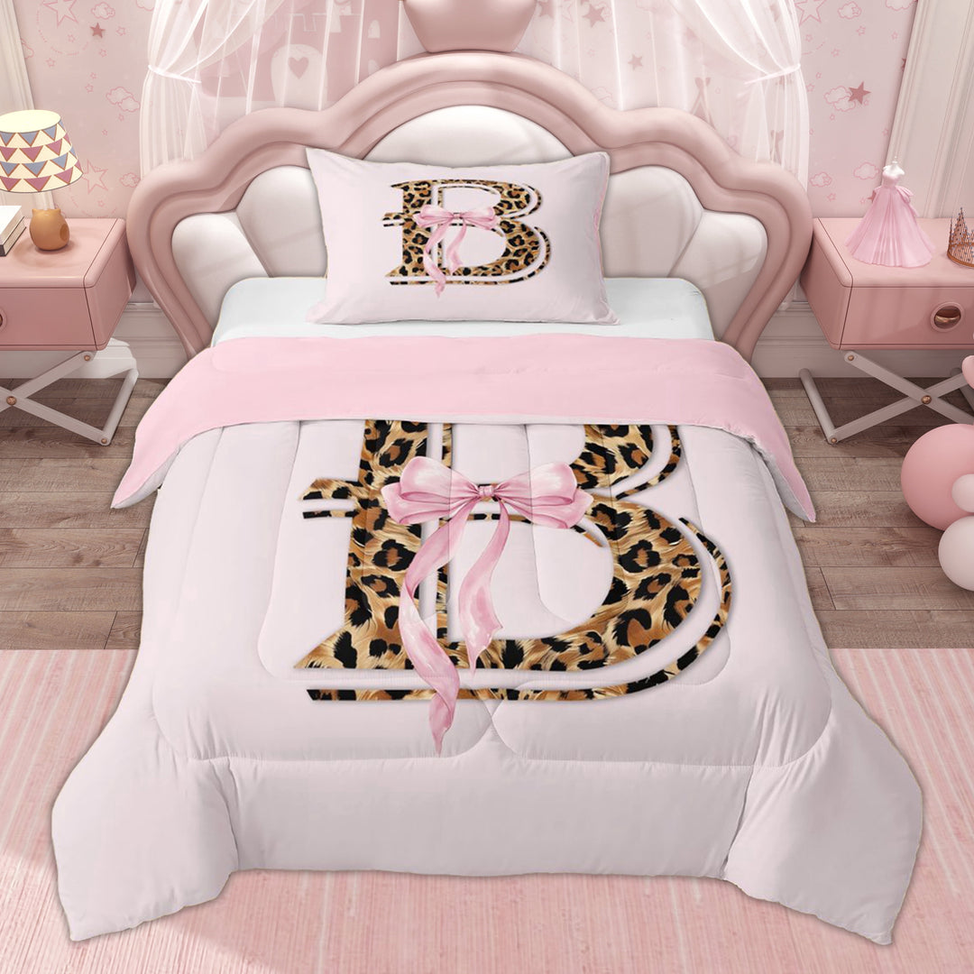 Erosebridal Kids Pink Bow Initial B Twin Comforter Sets, Modern Leopard Print Bedding Set, 2pcs