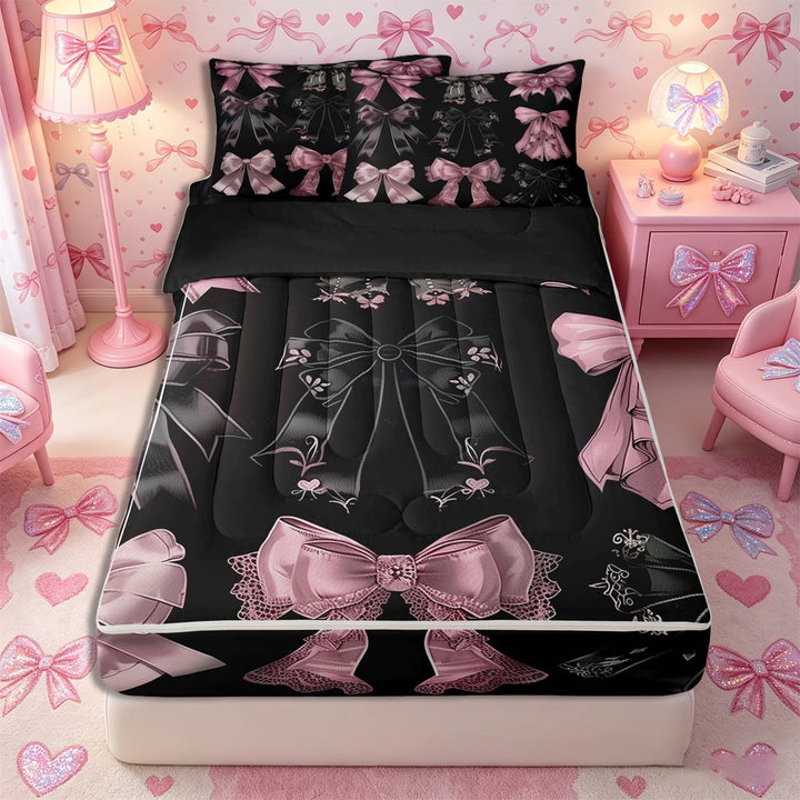 Meiyoeat Coquette Satin Bow Knot Zipper Full Size Comforter Sets with Fitted Sheet and 2 Pillowcases, Girly Lace Bow Pattern Zipper Bedding Set, Pink Black,4pcs,Black Reversible