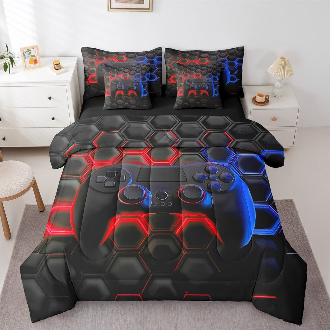 Game Console 7 Pcs Bed in a Bag Twin Space Universe Gaming Bedding Sets Video Game Comforter Set with Sheets Game Room Decor Bed Set Red Blue Geometry Honeycomb Sheet Set