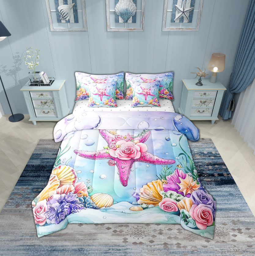 Erosebridal Teen Flower Starfish Bedding Sets Twin Size,Cartoon Sealife Comforter Sets with Sheets,Marine Room Decorative,Breathable,7pcs