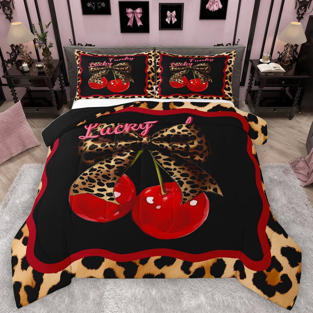 Manfei Leopard Print Bowknot Full Size Comforter Sets for Teens, Kawaii Cartoon Cherry Bedding Comforter Set, Lucky Funky Reversible Bedding Sets, Super Cozy Room Decor, 3 Pieces