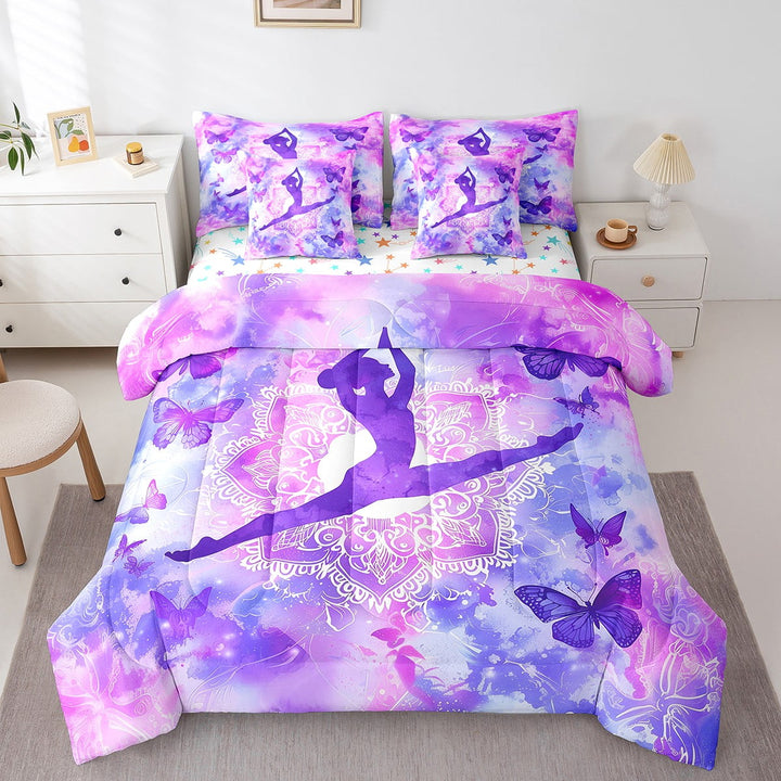 Erosebridal Gymnastics Bed in a Bag Twin size, Ballet Dancer Bed Set, Damask Butterfly Decor, Reversible 7pcs