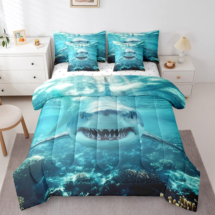 7 Piece Shark Bed In A Bag Twin 3D Shark Comforter Set,Marine Ocean Animal Bedding Sets Summer Tropical Sea Wildlife Sheet Set with Comforter Teens