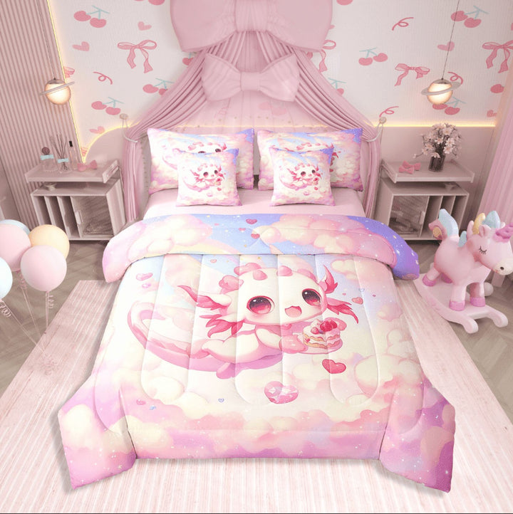 Erosebridal Cartoon Axolotl Bedding Sets Twin Size,Love Heart Comforter Sets With Sheets,Wildlife Room Decorative,Reversible,Breathable,7Pcs