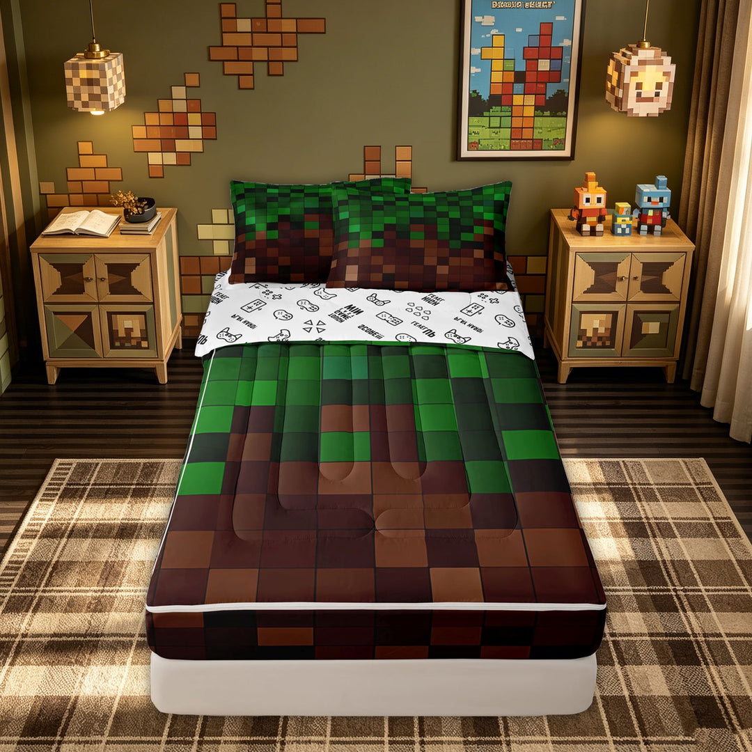 meiyoeat Pixel Grid Miners Zipper Full Size Comforter Sets with Fitted Sheet and 2 Pillowcases for Kids, Gaming Pixelated Blocks Zipper Bedding Set for Dorm, Green Brown, Gamepad ReversibleB
