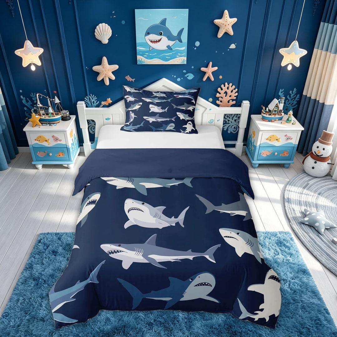 meiyoeat Cartoon Sea Shark Bedding for Kids Boys Girls, Undersea Wildlife Duvet Cover Full, Navy, Blue Reversible, 3pcs, 1 Duvet Cover and 2 Pillowcases