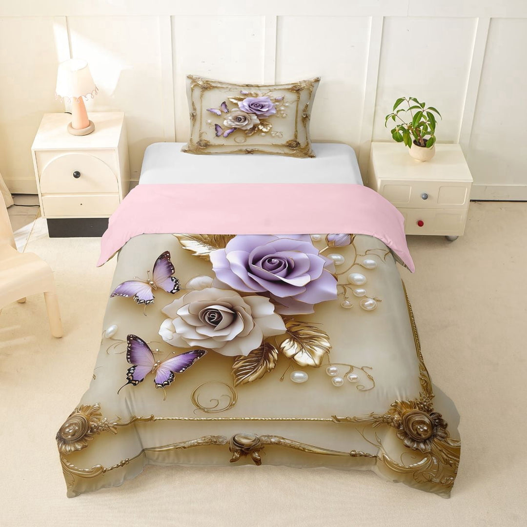Erosebridal Teens Floral Rose Butterflies Twin Bedding,Romantic Vintage Duvet Cover Set For Girls Boys,Gold Purple,Pink Reversible,2pcs,No Comforter