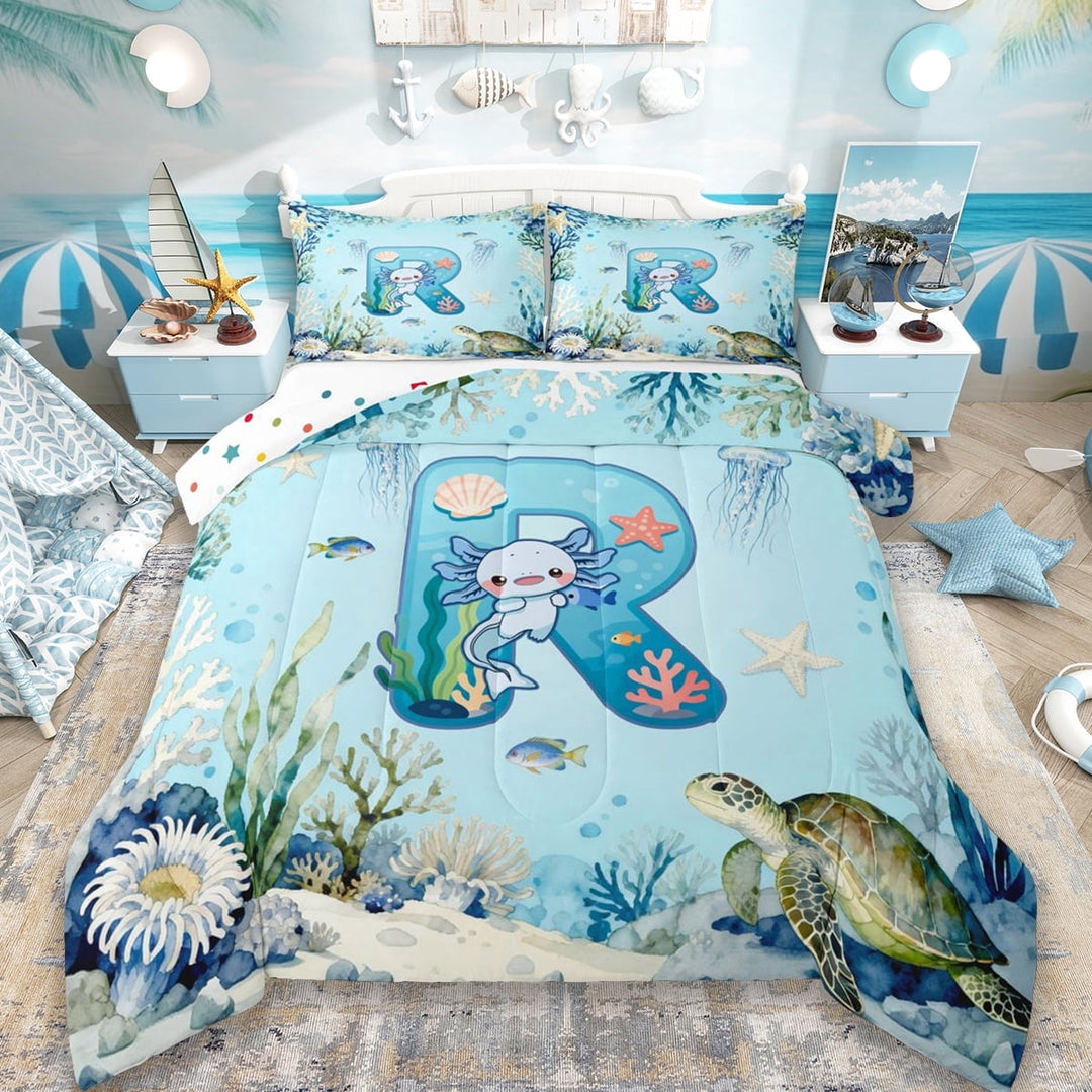 Erosebridal Watercolor Ocean Coral Full Size Comforter Sets For Boys,Cute Axolotl Letter R Monogrammed Kids Bedding Sets,Reversible 3-Piece
