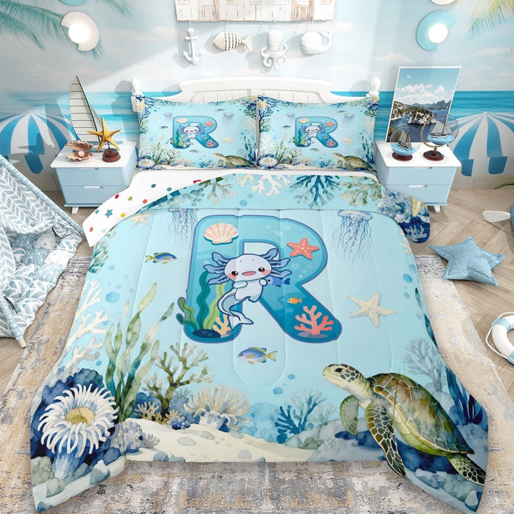 Erosebridal Watercolor Ocean Coral Full Size Comforter Sets For Boys,Cute Axolotl Letter R Monogrammed Kids Bedding Sets,Reversible 3-Piece
