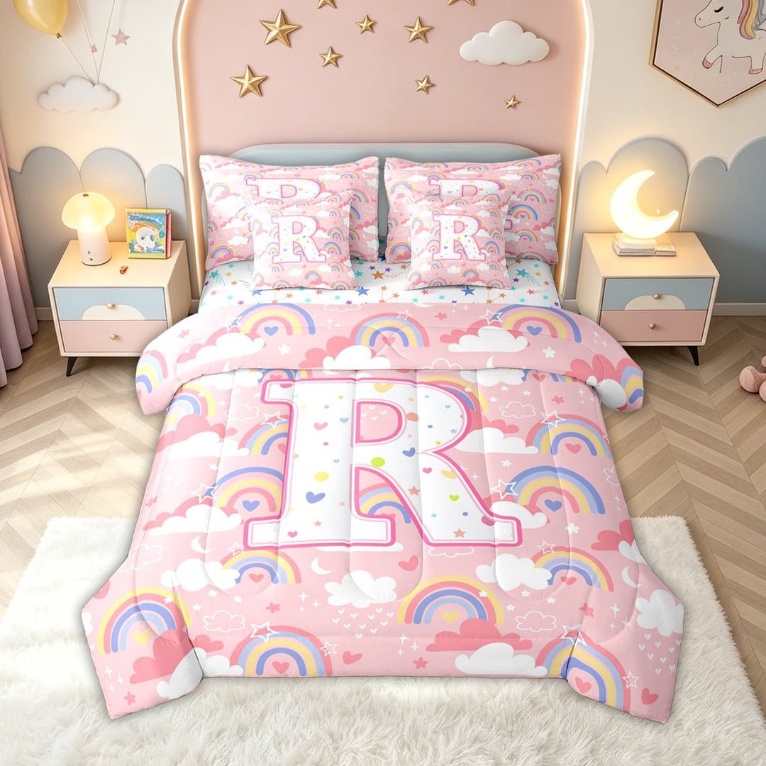 meiyoeat Rainbow Letter R Full Size Bedding Sets for Girls Kids, Cartoon Cloud Full Size Bed in a Bag for Bedroom, Pink, Colorful Star Reversible, 7-Piece