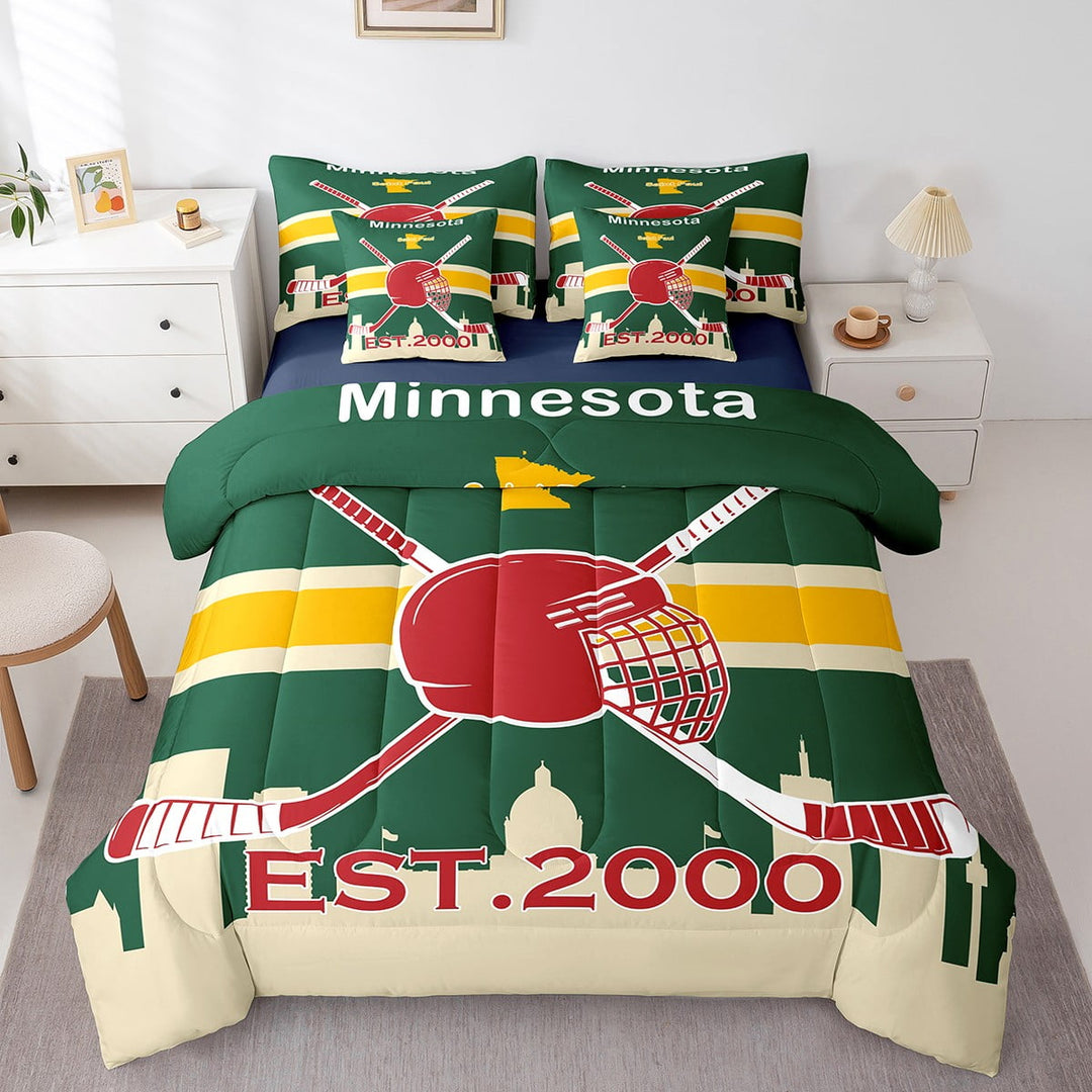 Erosebridal 7 Pieces Bed in a Bag Twin Comforter Set with Sheets, Hockey Design Bedding Sets for All Season (1 Comforter, 2 Pillow Shams, 1 Flat Sheet, 1 Fitted Sheet, 2 Pillowcases),Minnesota