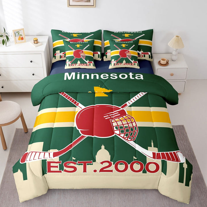 Erosebridal 7 Pieces Bed in a Bag Twin Comforter Set with Sheets, Hockey Design Bedding Sets for All Season (1 Comforter, 2 Pillow Shams, 1 Flat Sheet, 1 Fitted Sheet, 2 Pillowcases),Minnesota