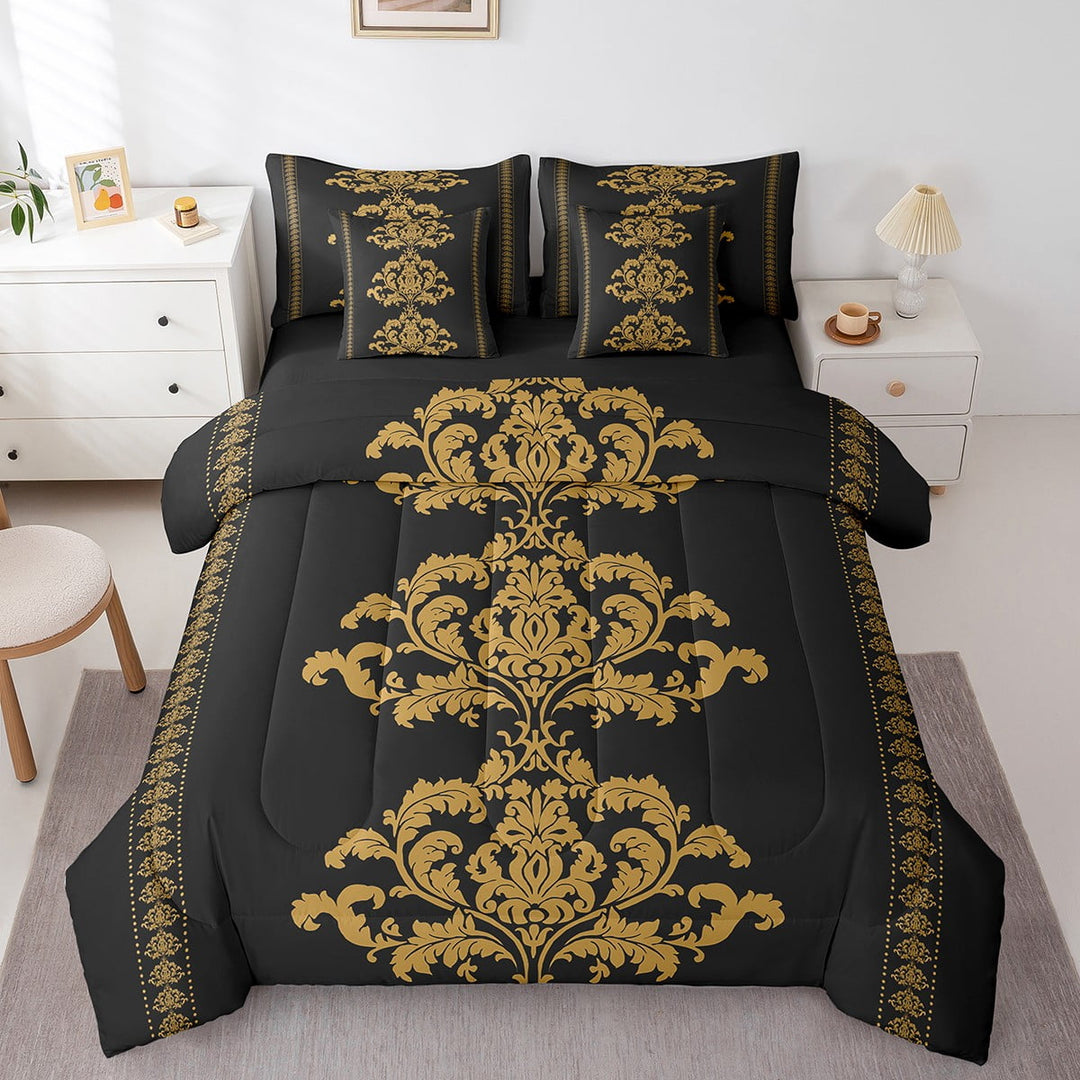 Erosebridal Bohemian Damask Bedding Queen Size, Black Gold Bedding Sets Queen Size, Reversible, Teen Men