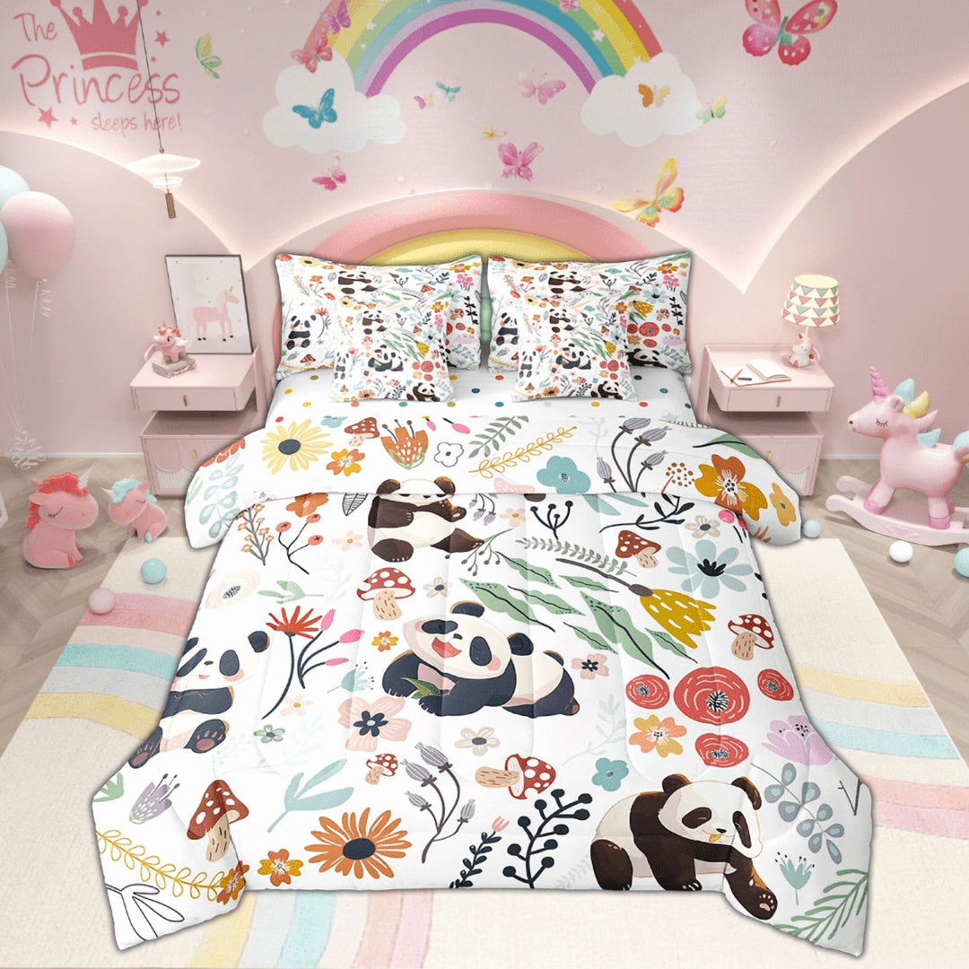 Cute Panda Comforter Set 7 Piece Bed in a Bag Twin,Mushroom Floral Flowers Leaves Bedding Sets Cartoon Bear Animal Sheet Set with Comforter