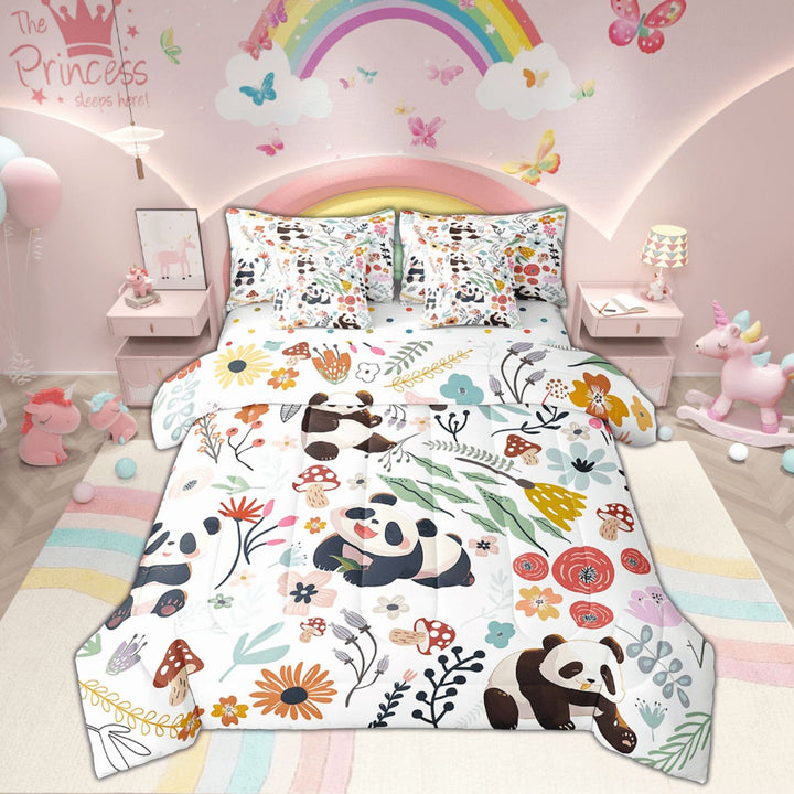 Cute Panda Comforter Set 7 Piece Bed in a Bag Twin,Mushroom Floral Flowers Leaves Bedding Sets Cartoon Bear Animal Sheet Set with Comforter