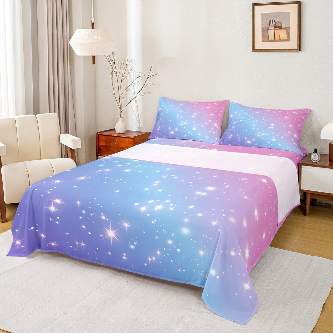 jejeloiu Galaxy Starry Night Twin Sheet Sets,Glitter Print Twin Fitted Sheet,Pink Blue Purple Ombre Flat Sheet,Lightweight Room Decor,3pcs