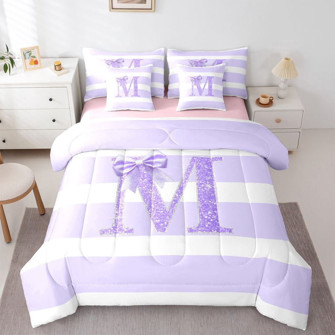 Erosebridal Girls Purple Bow Letter Monogrammed M Twin Bedding Sets 7-Piece,Bling Glitter Print Geometric Stripes Bedding Comforter Set For Children Teens,Pink Reversible