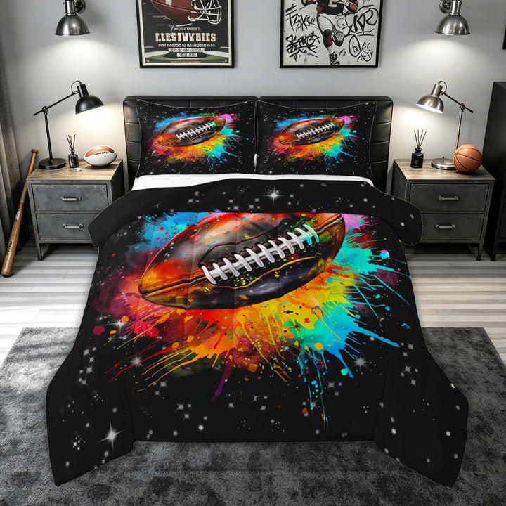 meiyoeat Rainbow Football Full Size Comforter Sets for Kids Boys, Watercolor Graffiti Art Bedding Comforter Set for Bedroom, Black, Black Reversible, 3 Pieces