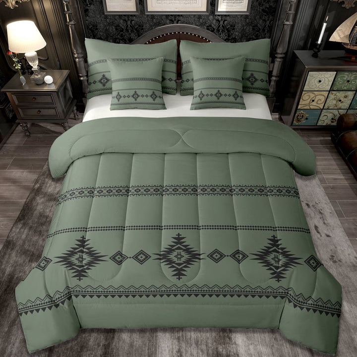 Erosebridal Retro Aztec Print 7pcs Bedding Comforter Set,Vintage Southwestern Bohemian Queen Bedding Sets,Green Black,Reversible