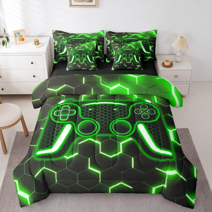 Erosebridal Green Gamepad Bedding Sets Twin Size,Honeycomb Hexagon Comforter Sets with Sheets,Teens Bedroom Decor,Reversible,Breathable,7-Piece