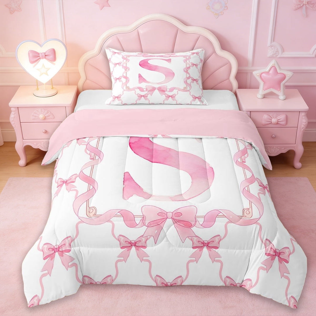 Erosebridal Dreamy Princess Bowknot Kids Twin Comforter Sets,Pink Letter S Print Bedding Set For Kids,Reversible pink,2-Piece