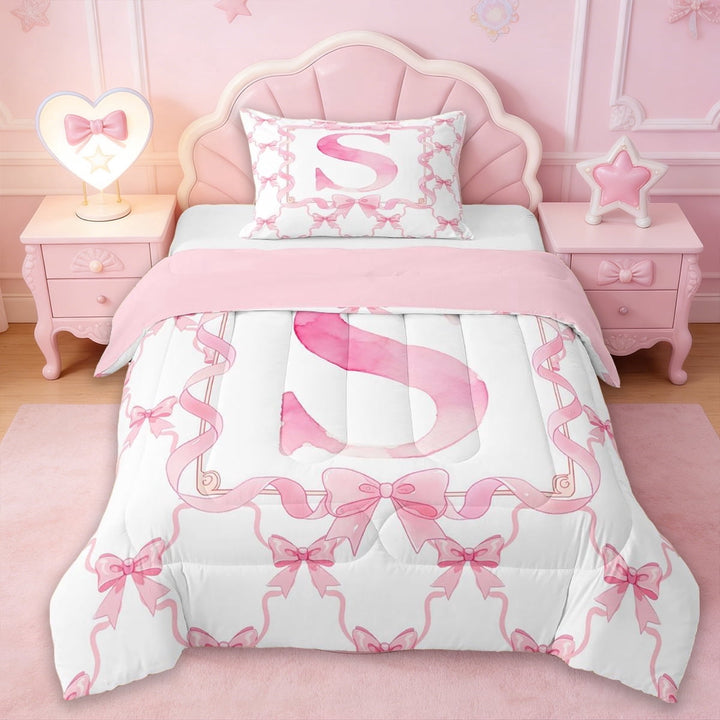 Erosebridal Dreamy Princess Bowknot Kids Twin Comforter Sets,Pink Letter S Print Bedding Set For Kids,Reversible pink,2-Piece