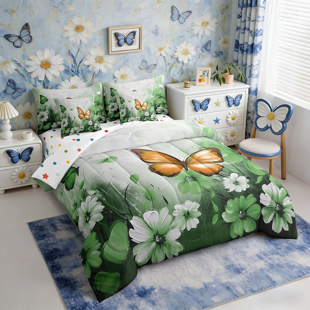 Butterfly Flowers Bed in a Bag Queen Comforter Set 7 Piece,Orange Green Ombre Art Oil Painting Floral Bedding Sets Rustic Aesthetic Animal Daisy Flower Sheet Set with Comforter