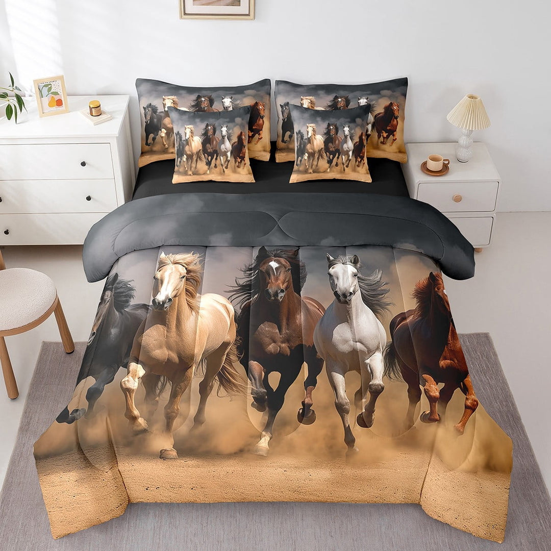Galloping Horse Bed in a Bag 7-Piece Farm Animal Bedding Set, Rustic Farmhouse Twin Size Comforter Set 3D Wildlife Print Bedding Comforter Sets, Horse Racing Bed Set for Men