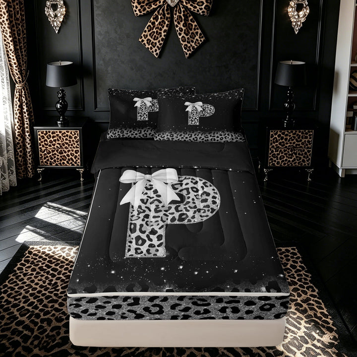 meiyoeat Leopard Print Print Letter Zipper Comforter Set with Fitted Sheet and 2 Pillowcases for Women, Glitter Initial Zipper Bedding Set for Home, Black Silver, Black Reversible, 3 Pieces