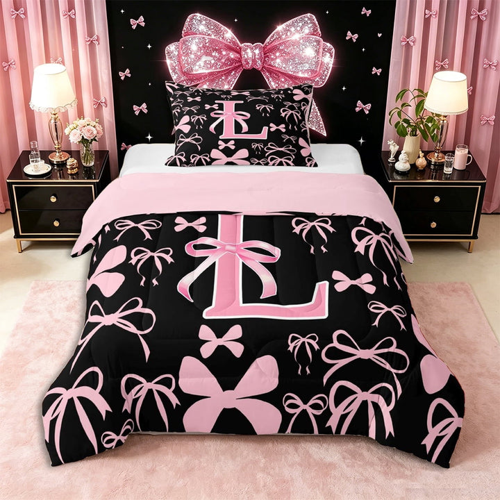 Erosebridal Letter Monogrammed L Twin Comforter Sets 3-Piece,Kawaii Ribbon Bow Bedding Set,Pink Reversible,Luxury Bedroom Decor