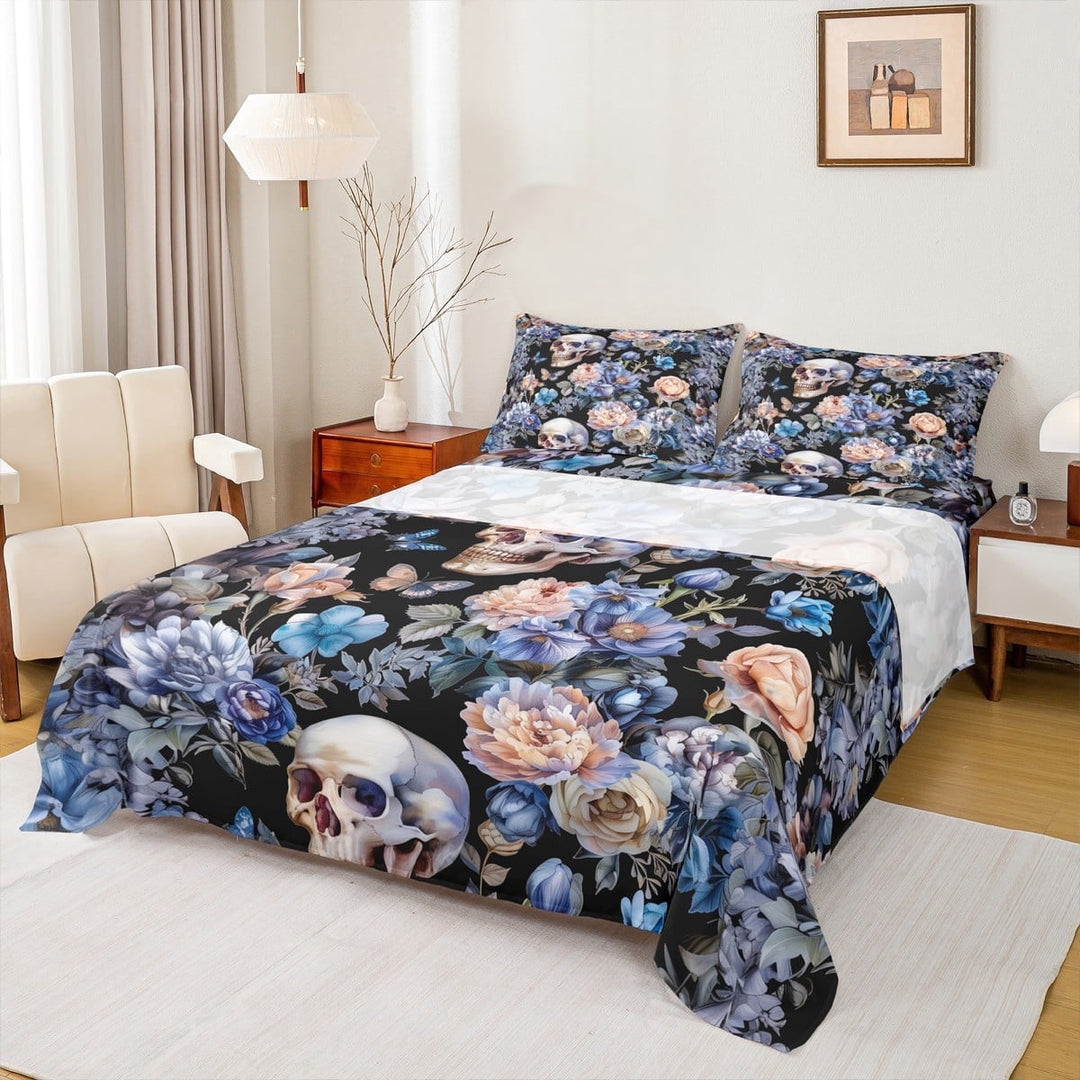 Feelyou Romantic Skeleton Queen Sheet Sets, Blue Flower Floral Flat Sheet, Halloween Valentines Day Queen Fitted Sheet, Ultra Soft Home Decor, 4pcs