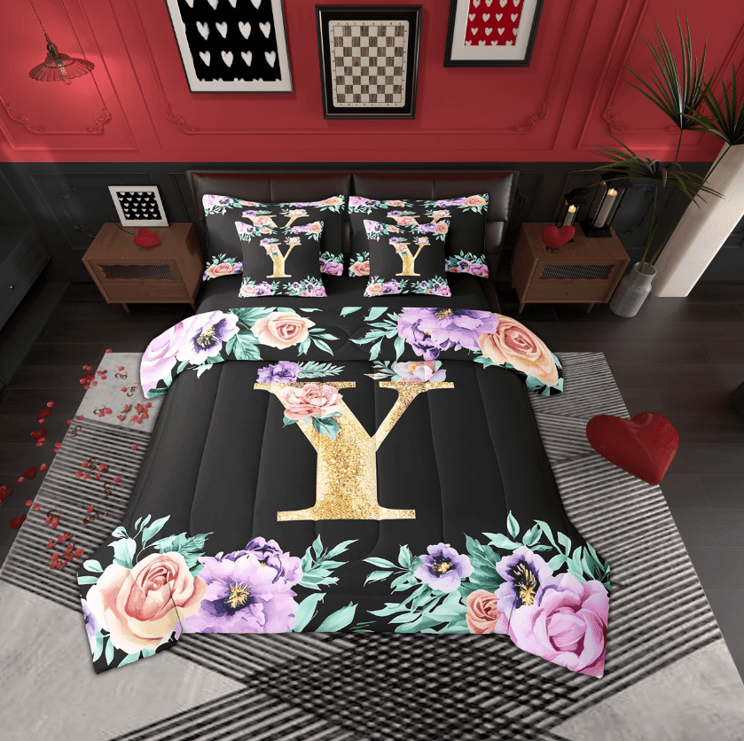 Erosebridal Initial Letter Y Bedding Sets, Gold Comforter Sets with Sheets, Kawaii Floral Reversible Bed Sheets Set, Ultra Soft Room Decoration, 7 Pieces