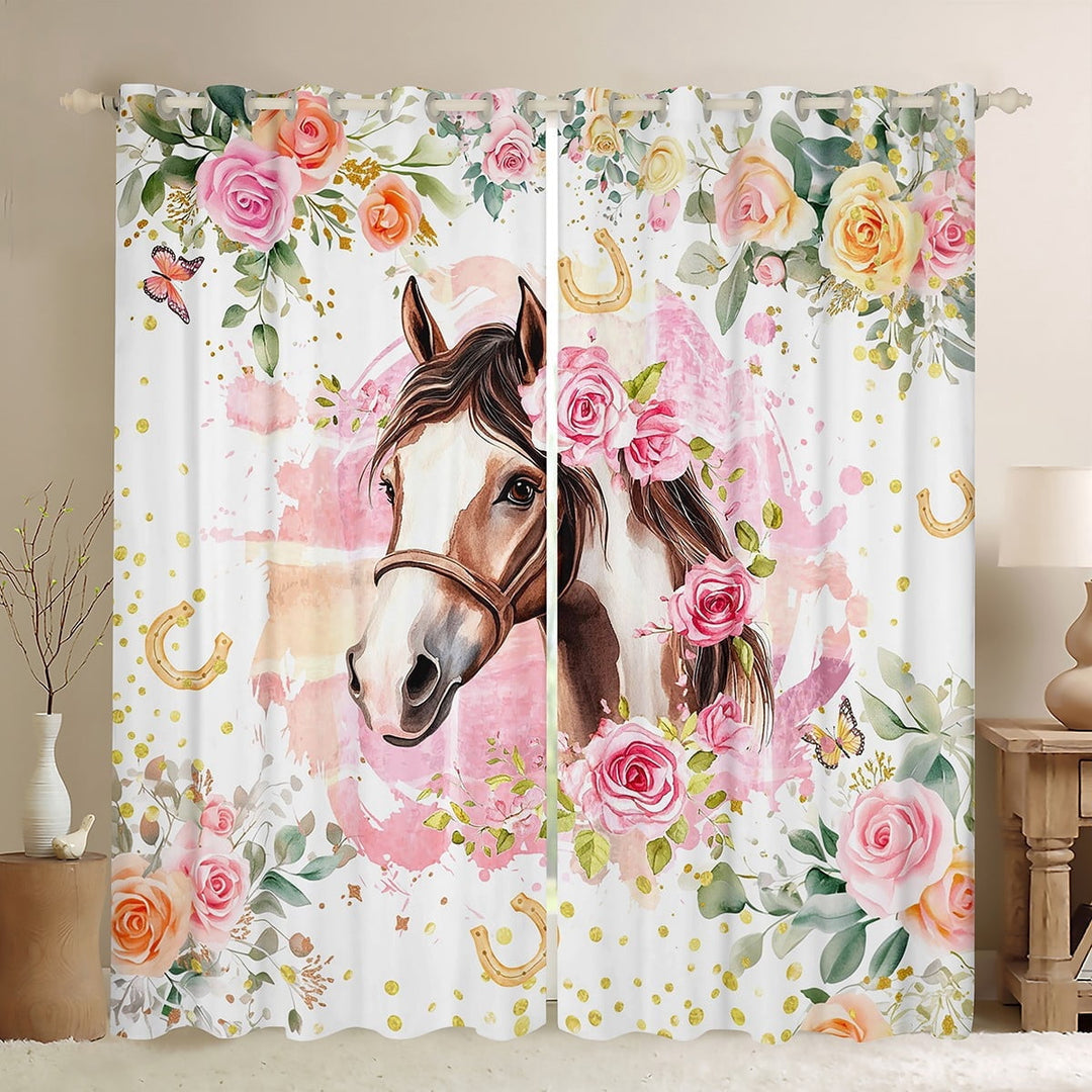 jejeloiu Farmhouse Animal Horse Blackout Curtains Set of 2 (52x84 Each),Chic Flower Floral Window Curtains,Splatter Ink Curtains and Drapes For Girls,Lightweight Room Decor